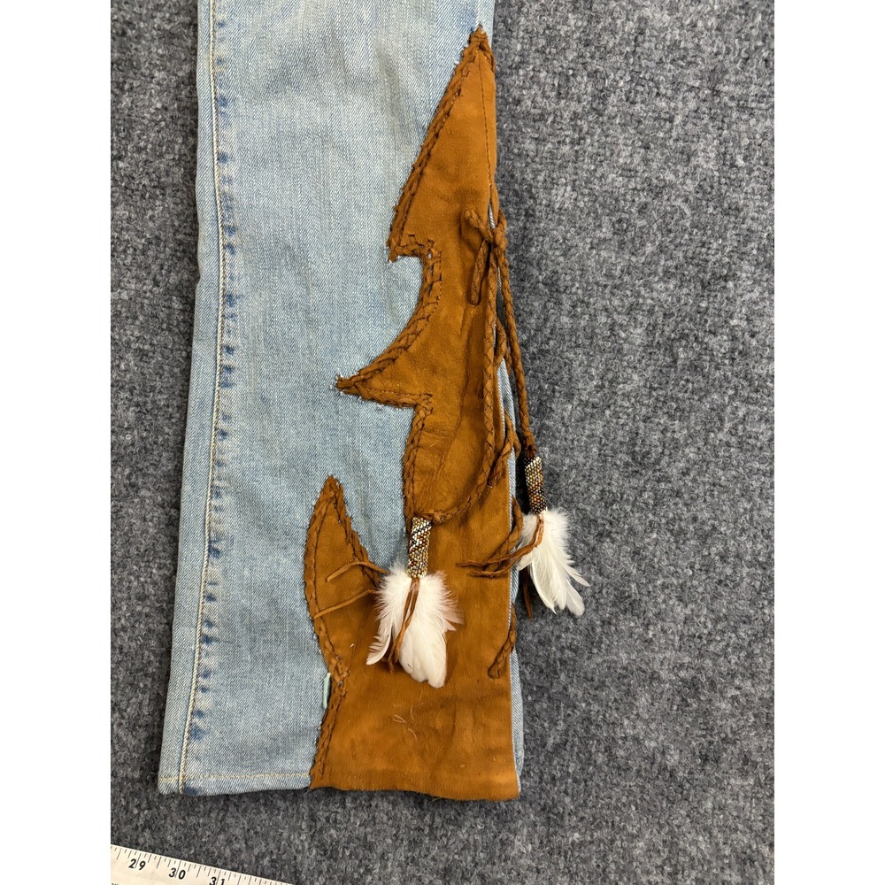 Michelle Julene Couture Levi's Upcycled Jeans Leather Fringe Lace Up OOAK - Picture 9 of 15